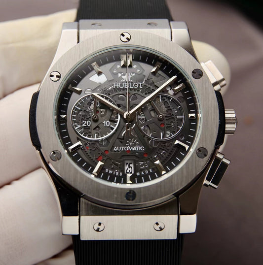 HBT Grey Hollow 904L Steel - Black Rubber - Quartz - 42mm