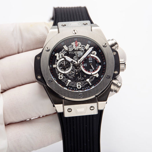 HBT Black - Black 904L Steel - Black Leather - Quartz - 44mm