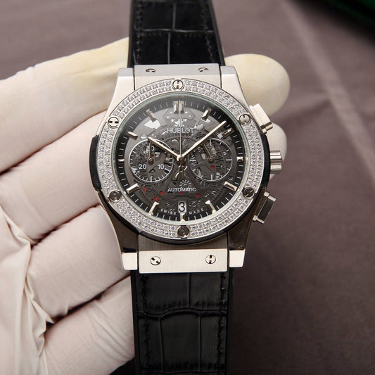 HBT - Chronograph - Rhinestone - Black 316 Steel - Black Leather - Quartz - 42mm